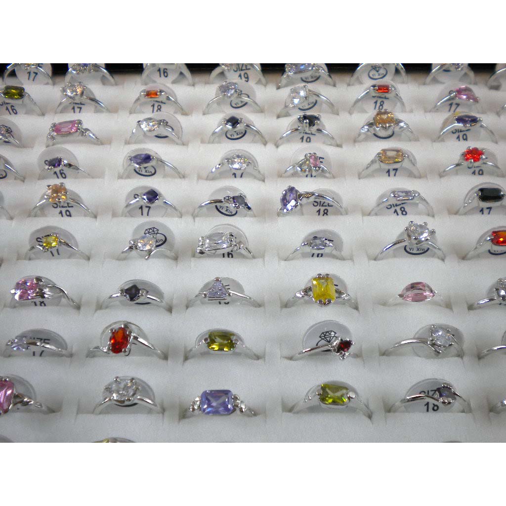Brand New Silver Plated Cubic Zirconia Rings - 100 Pcs Wholesale Bulk